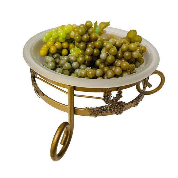 Vintage Brass Glass Fruit Bowl with Decorative Grapes Pinecone Design Elegant Ho - Picture 1 of 9